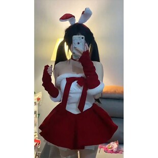 圣诞甜美秋冬蝴蝶结新款性感抹胸多巴胺连衣裙丝绒花苞短裙