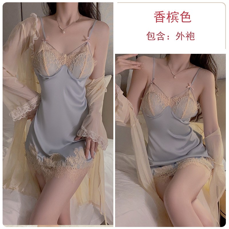 DZ瑰若高级性感加胸垫聚拢睡裙露背诱惑睡衣外袍女式家居套装1048