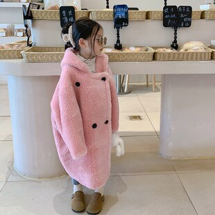 儿童外套2024冬童装羊羔绒加厚中长款羊毛韩版连帽男女童大衣外套