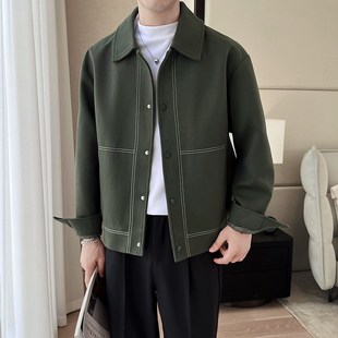 辑明线呢子夹克外套男款秋冬季潮流休闲宽松短款毛呢风衣成熟稳重