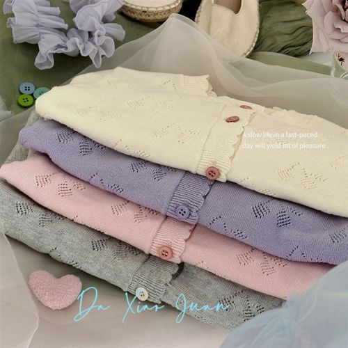 现货大小卷24春纯色儿童薄款小樱桃针织开衫外套上衣女童装 代发