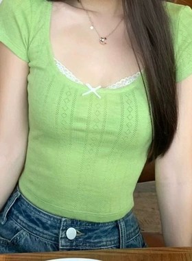 bm假两件纯欲风蕾丝打底衫内搭t恤女设计感短袖女款夏季绿色上衣