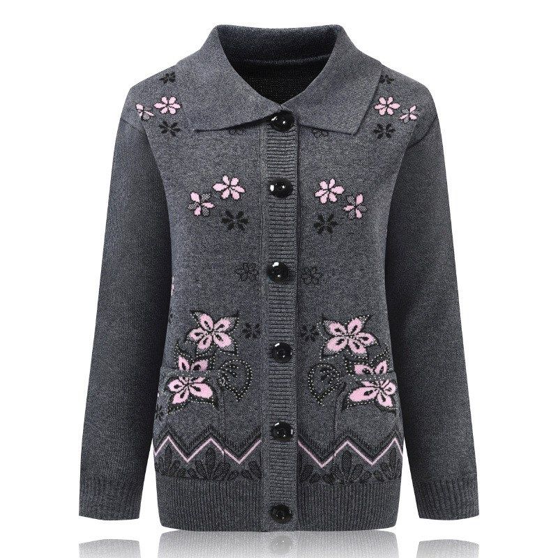 中老年女装毛衣线衣奶奶长袖宽松外套妈妈装秋冬款翻领针织衫外套