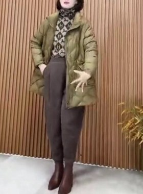 88119大爱美依缘2024冬季新款菱形格休闲宽松A字中长款棉服外套女