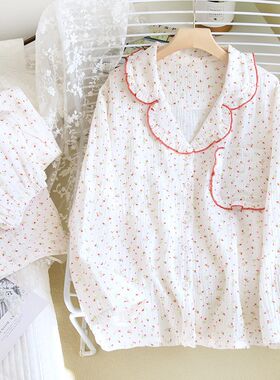 女春季小清新碎花睡衣套装 全棉绉布木耳边领套装 家居服睡衣女