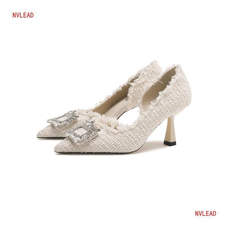 小香风高跟鞋细跟2024年新款水钻女鞋气质法式婚鞋白月光尖头单鞋,女鞋,其他拖鞋,淘宝优惠券,粉丝福利购,淘宝优惠卷