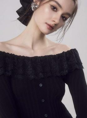 Mon Mystere现货秋冬黑色蕾丝花边一字领针织开衫毛衣女