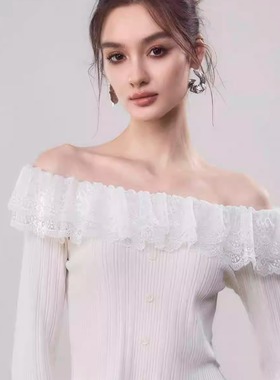 MonMystere设计感荷叶边一字肩白色长袖衬衣秋季小众收腰显瘦辣妹