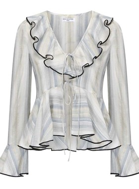 MON MYSTERE春夏新款蓝色条纹荷叶边系带衬衫上衣女气质优雅