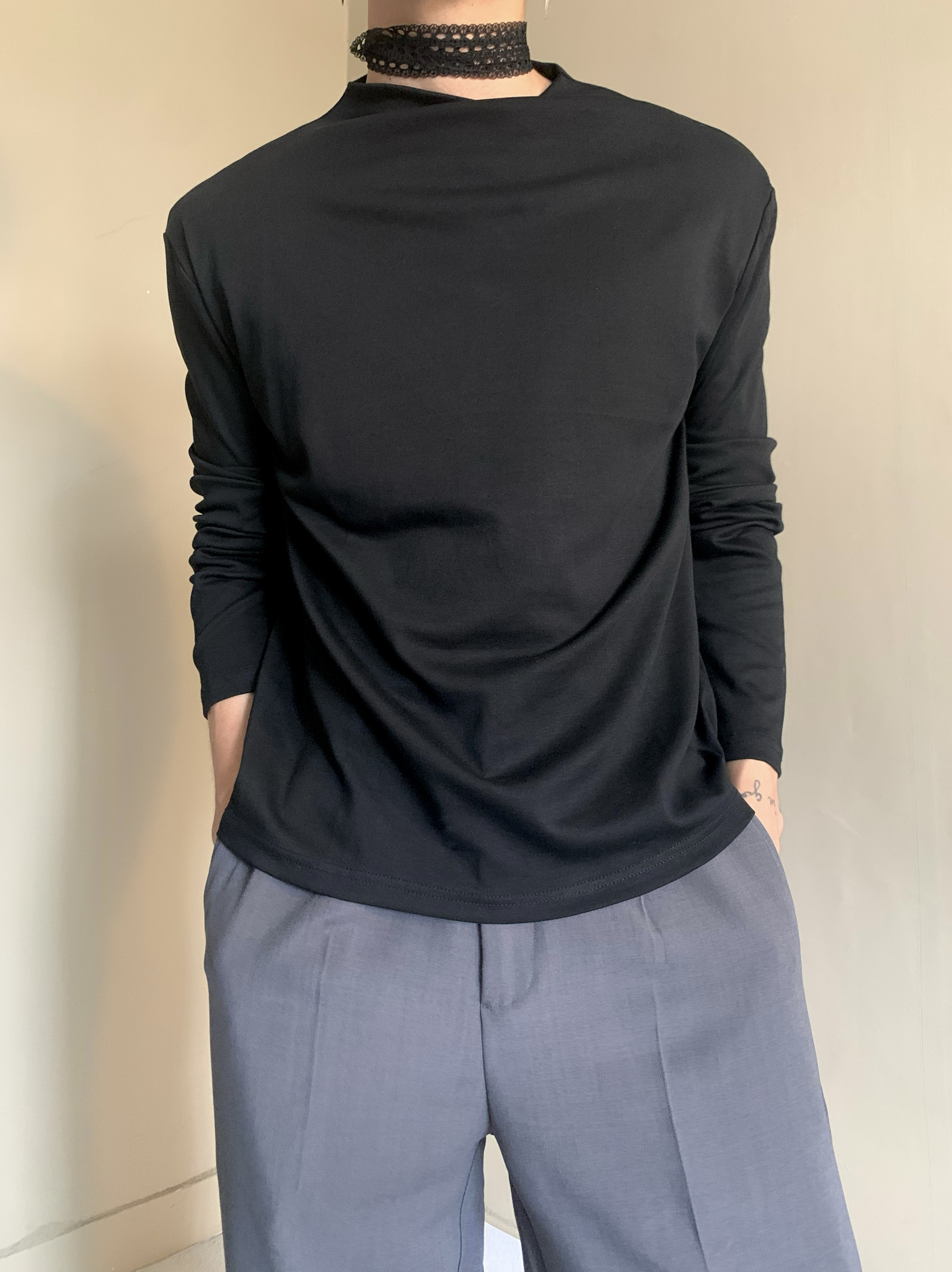 法式高级设计感交叉领长袖中性风男女cleanfit裁剪显瘦上衣打底衫