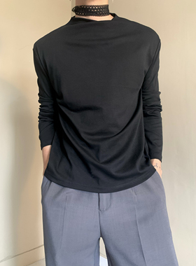 法式高级设计感交叉领长袖中性风男女cleanfit裁剪显瘦上衣打底衫