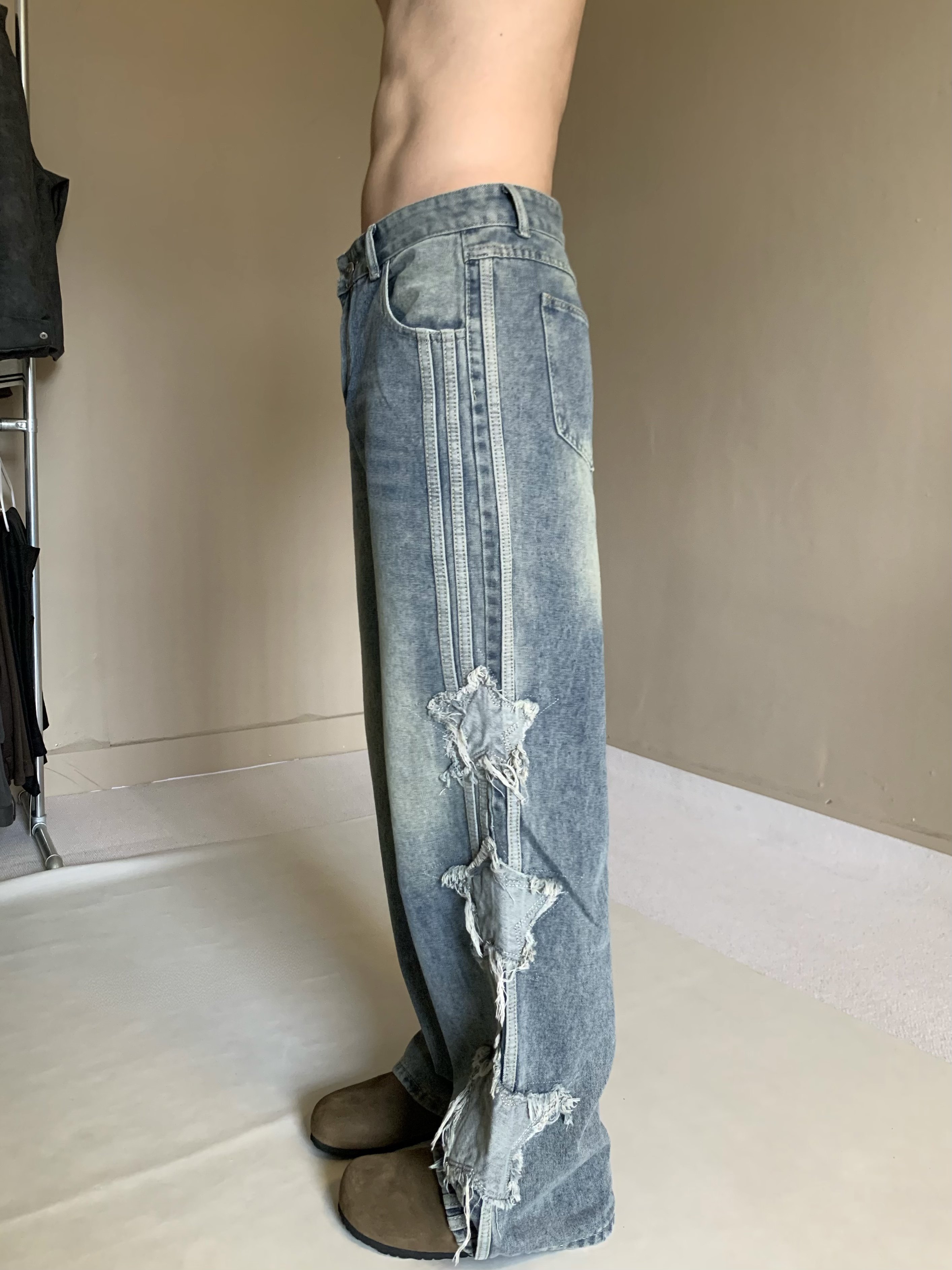 美式复古牛仔裤男高街星星贴布直筒裤子宽松垂感潮牌阔腿拖地裤潮