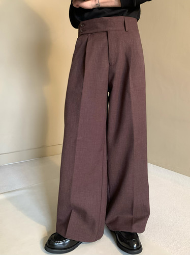 意式复古老钱纹理质感小众设计酒红色抗皱立体直筒阔腿西裤男长裤