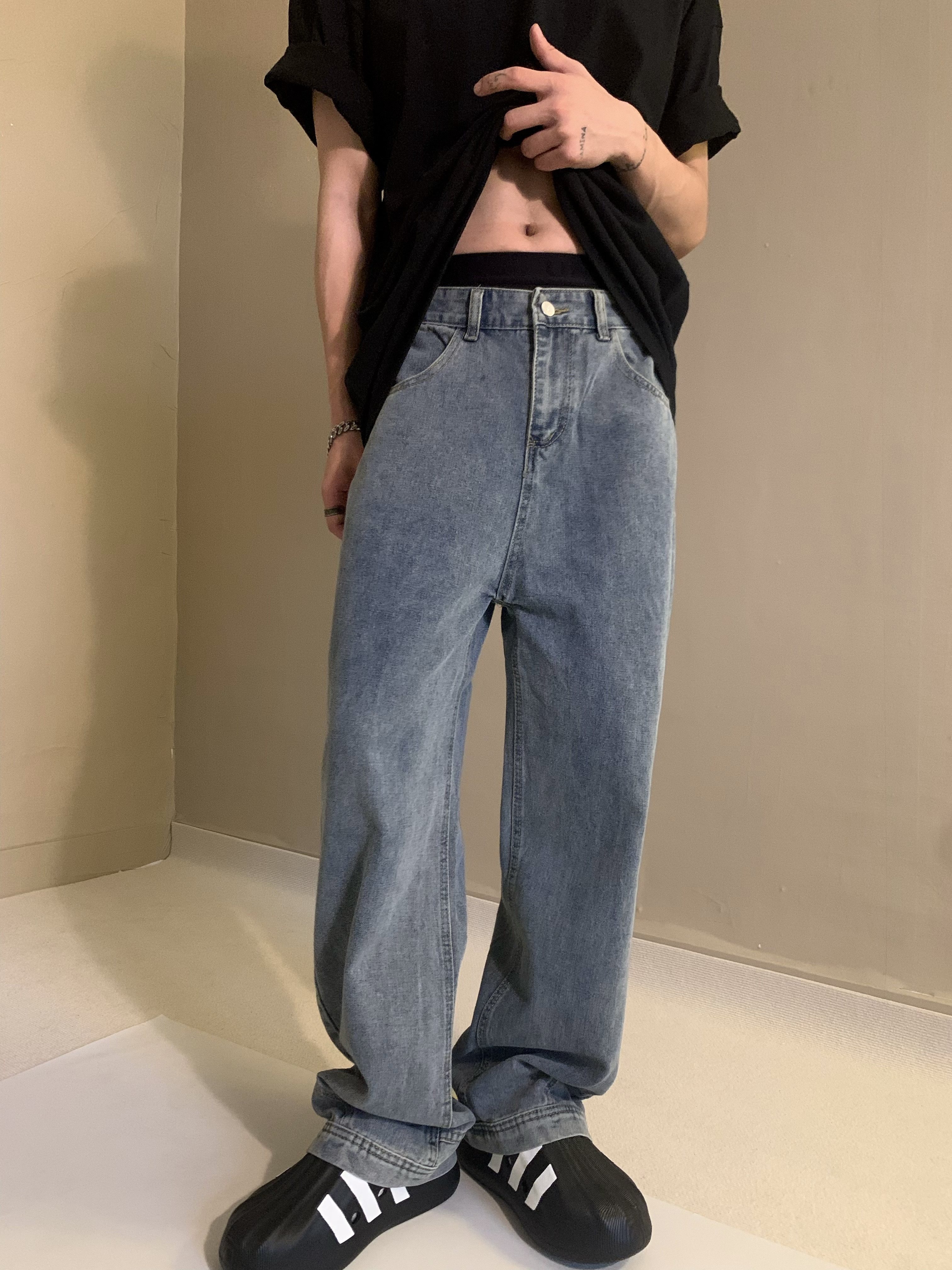 【你裤子穿反了】美式休闲阔腿倒装牛仔裤设计感复古直筒反穿裤子