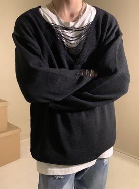 早秋美式小众v领破洞设计感长袖毛衣男女薄款宽松休闲镂空针织衫