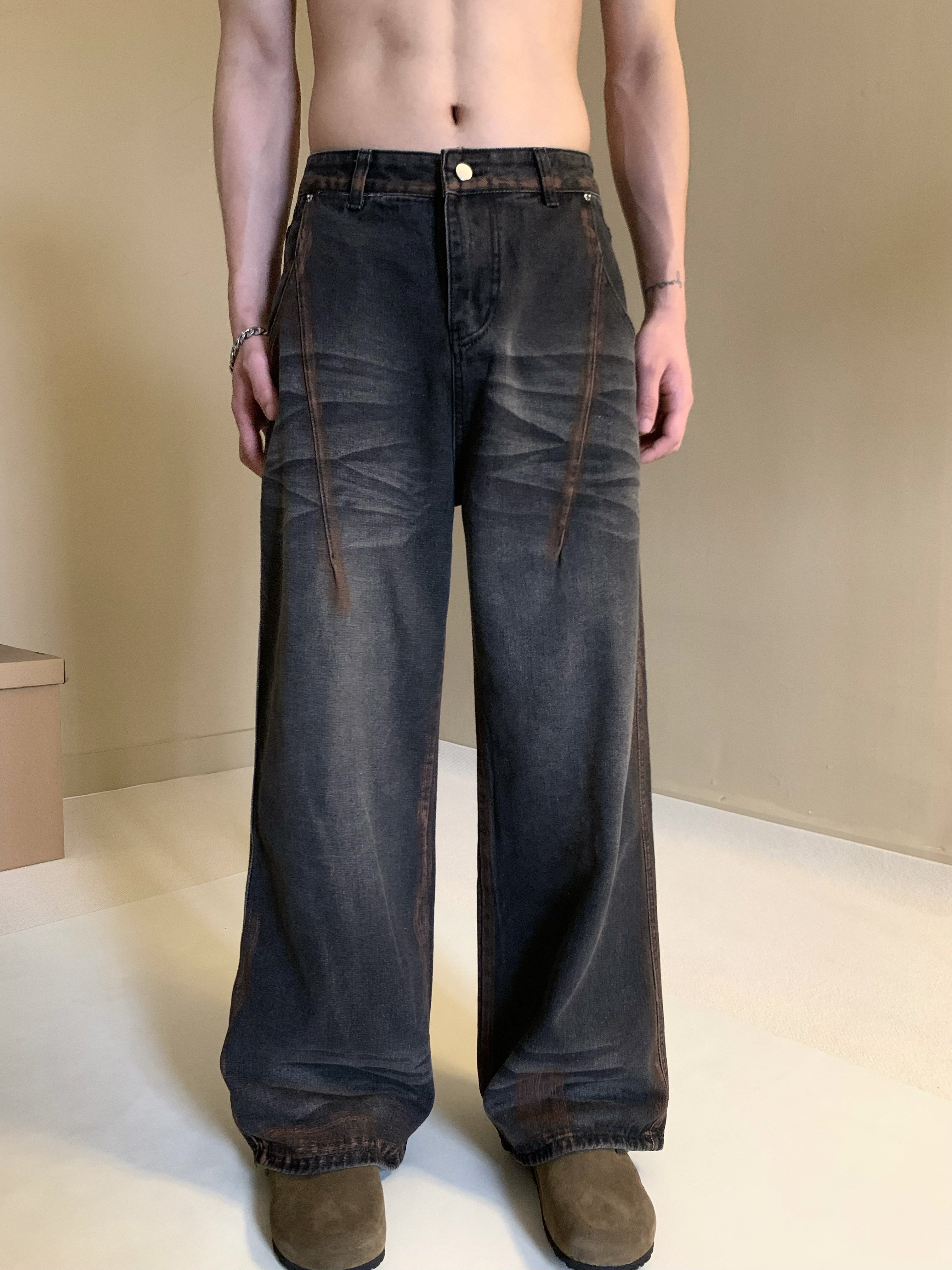 美式复古重工水洗做旧手绘锈色宽松牛仔裤男废土风小众设计感裤子