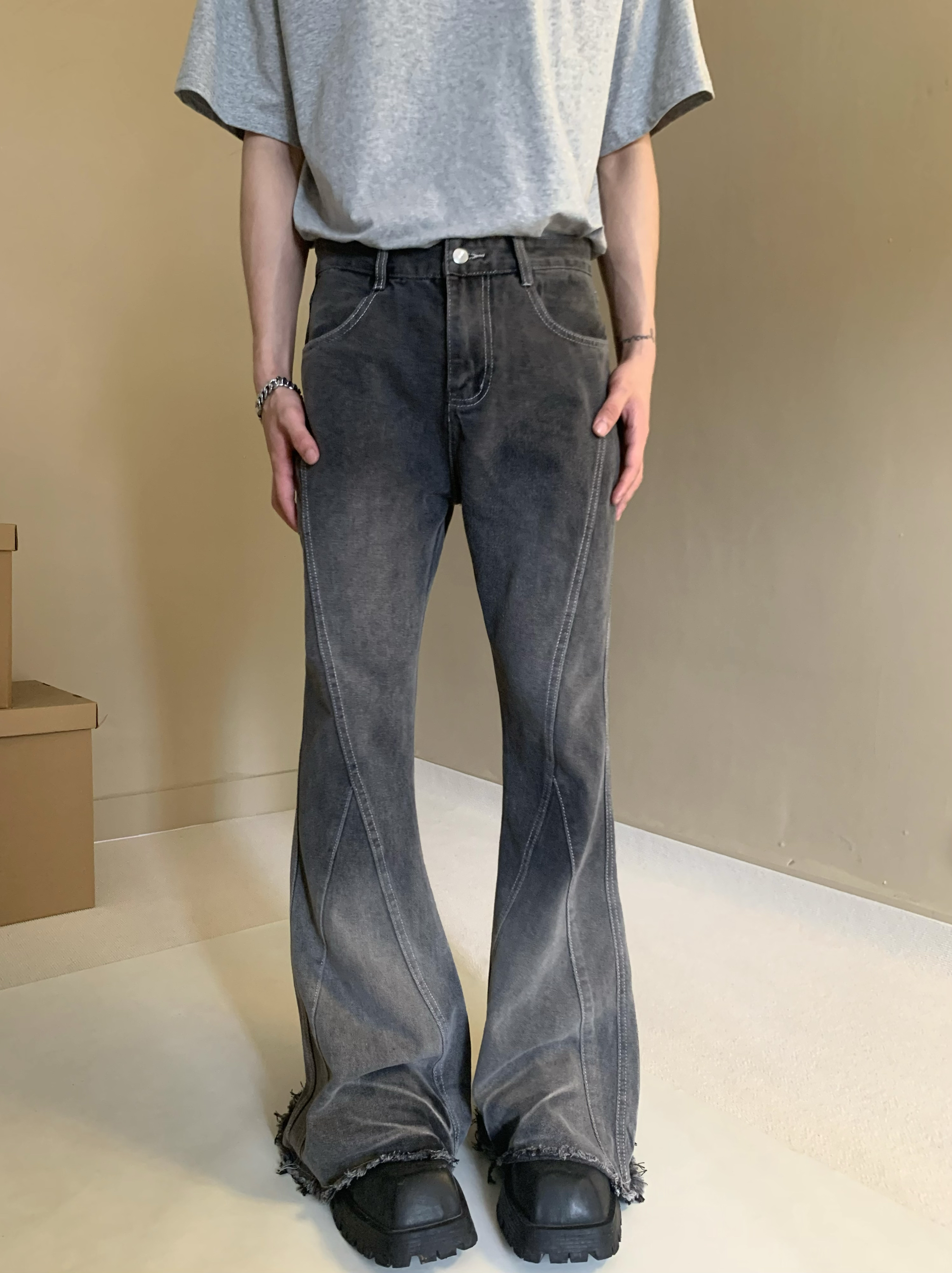 美式复古微喇叭毛边拖地牛仔裤男女高腰黑灰渐变DirtyFit阔腿长裤