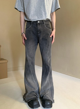 美式复古微喇叭毛边拖地牛仔裤男女高腰黑灰渐变DirtyFit阔腿长裤