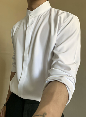 美式休闲小立领高级感中性长袖衬衫男雅痞禁欲系开衫暗扣衬衣上衣
