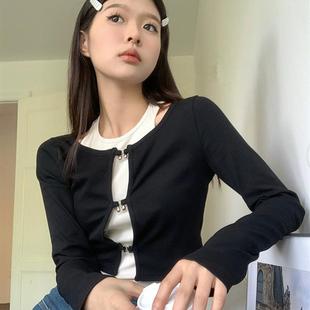 甜辣妹镂空长袖针织衫女秋季修身短款外套小众设计感别致上衣