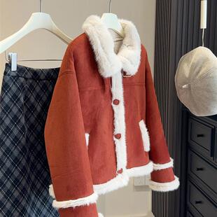 圣诞新年砖红色皮毛一体保暖外套女冬新款韩版麂皮绒加厚夹克上衣