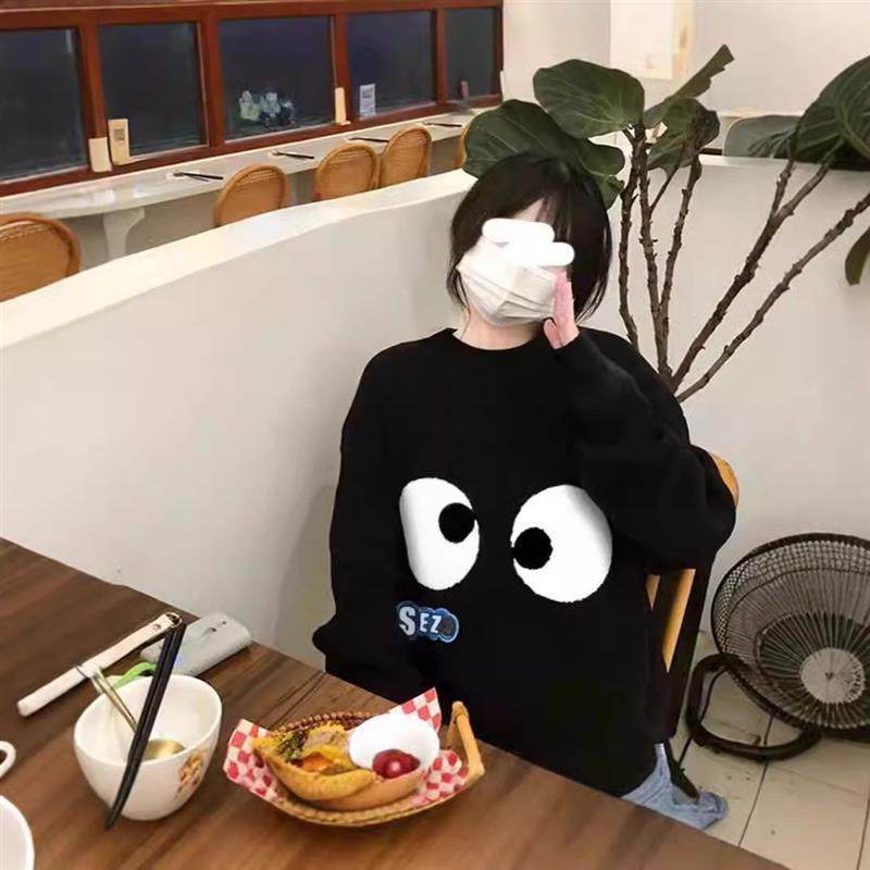 黑色国潮无帽圆领卫衣女春秋季2025新款韩系oversize套头上衣