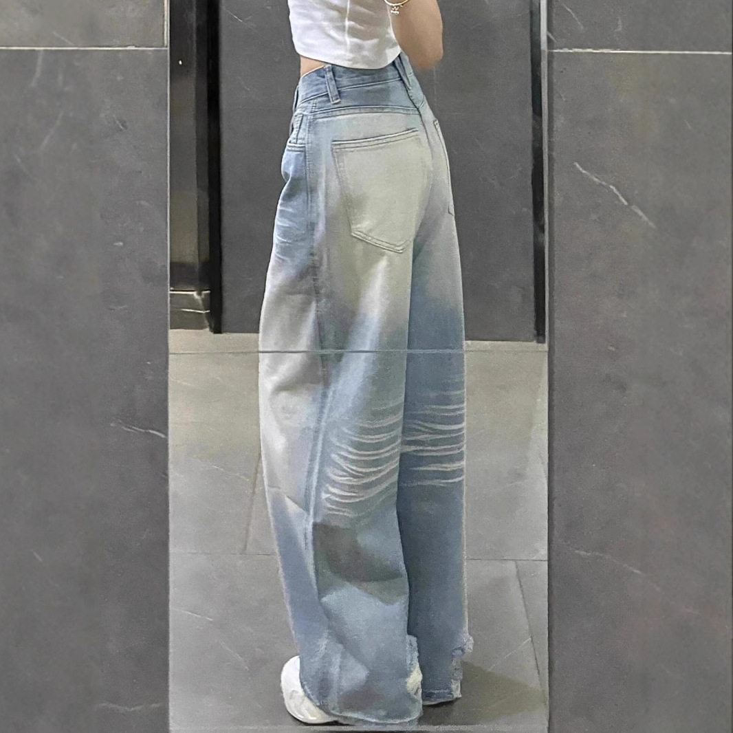 美式复古街头水洗抓痕阔腿牛仔裤女2025春秋新款直筒宽松高腰