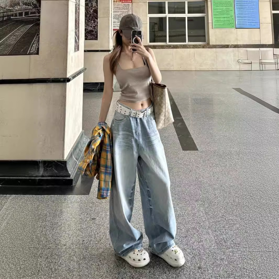 美式复古折痕水洗牛仔裤女