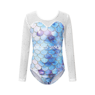 儿童专业体操连体服蓝色拼接长袖舞蹈服团体比赛紧身衣女童练功服