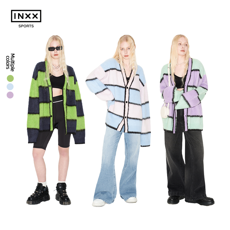 ISS BY INXXSPORTS 渐变条纹马海毛针织衫开衫运动毛衣男女同款