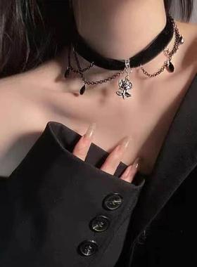暗黑系哥特山茶花吊坠项圈女黑色流苏绒布choker颈链甜酷辣妹配饰