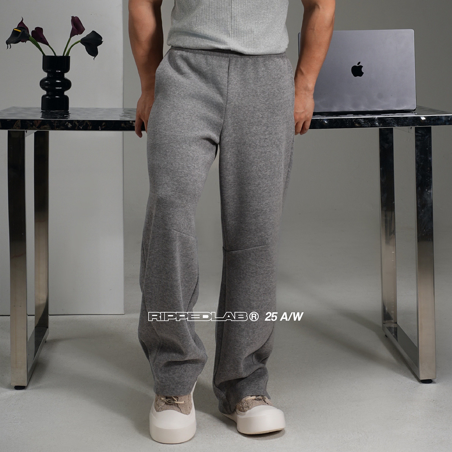 重磅粗针织肌理微阔直筒休闲裤