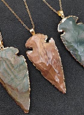 跨境新品 天然石印度玛瑙原矿石吊坠 玉石鎏边手敲箭头项链 欧美