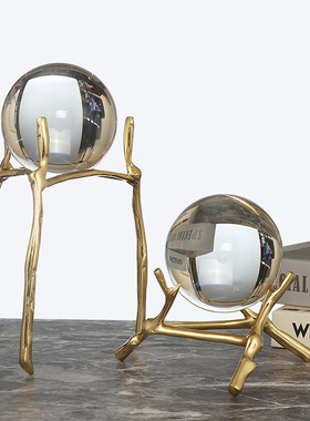 轻奢黄铜水晶球摆件欧式后现代客厅书房书柜办公桌酒柜家居