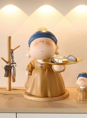 戴珍珠艺术家可爱女孩入户玄关钥匙托盘收纳家居装饰礼品摆件