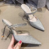 真皮凉拖女细跟包头高跟鞋 两穿凉鞋 2025年新款 春大东尖头半拖时装