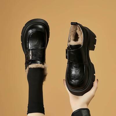 冬季厚底加绒乐福鞋女黑色小皮鞋