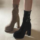 小众复古风粗跟显瘦短靴女2025新款 秋冬百搭增高小个子高跟中筒靴