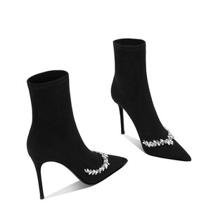 黑色绒面高跟短靴女2025年新款法式水钻尖头细跟弹力靴加绒瘦瘦靴