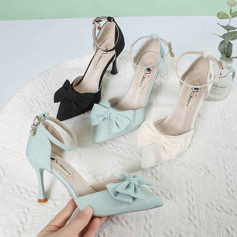 包头凉鞋女细跟春大东夏新款蝴蝶结一字扣带中空浅口尖头高跟单鞋