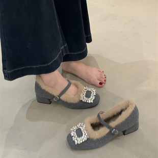 水钻方扣毛毛玛丽珍鞋女秋冬加绒方头一字带粗跟鞋子保暖法式单鞋