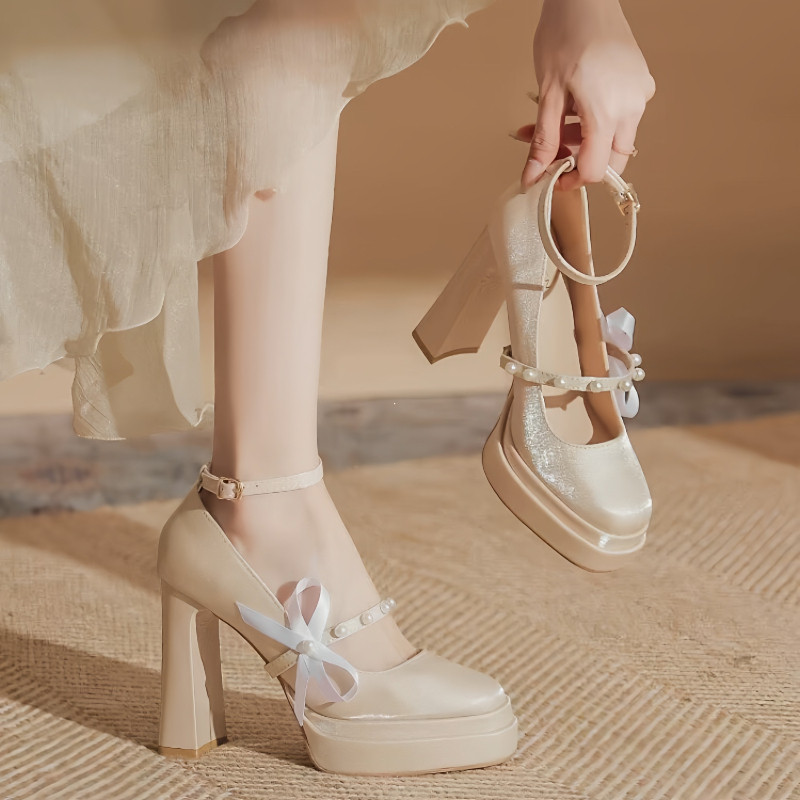 香槟色法式厚底玛丽珍新娘鞋婚鞋伴娘缎面双层防水台高跟鞋女粗跟,女鞋,玛丽珍鞋,淘宝优惠券,粉丝福利购,淘宝优惠卷