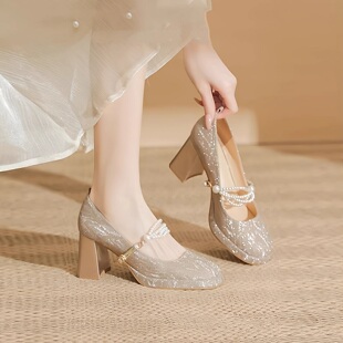 绝美新娘婚鞋禾秀婚纱两穿粗跟防水台小个子香槟色亮片订婚高跟鞋