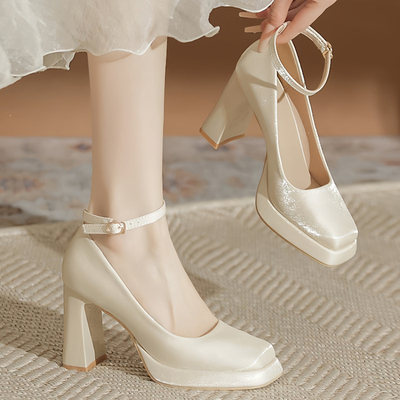 法式缎面玛丽珍防水台增高婚鞋
