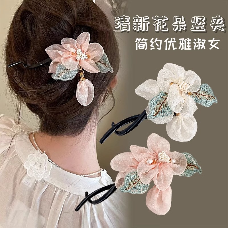 新中式气质网纱花朵扭扭夹女