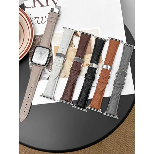适用苹果手表表带iwatchs10不锈钢蝴蝶扣Apple Watch皮表带荔枝纹
