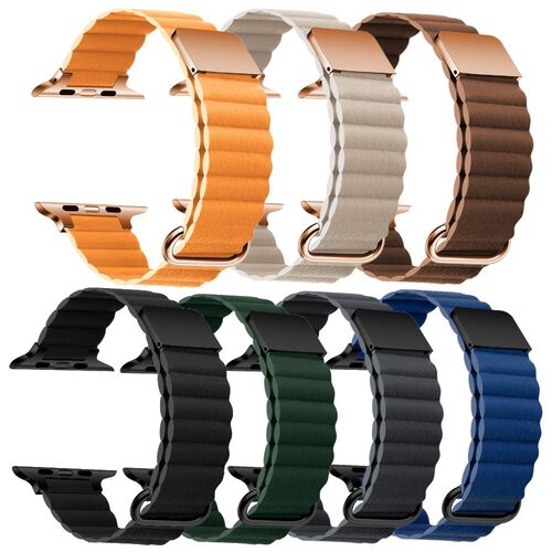 适用applewatch Ultra2苹果s11代10真皮质磁吸反扣iwatch回环表带