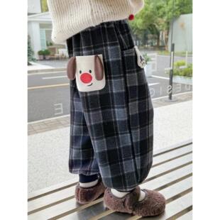 男童加绒裤子秋冬装2025新款儿童加厚格子裤小宝宝一体绒加厚卫裤