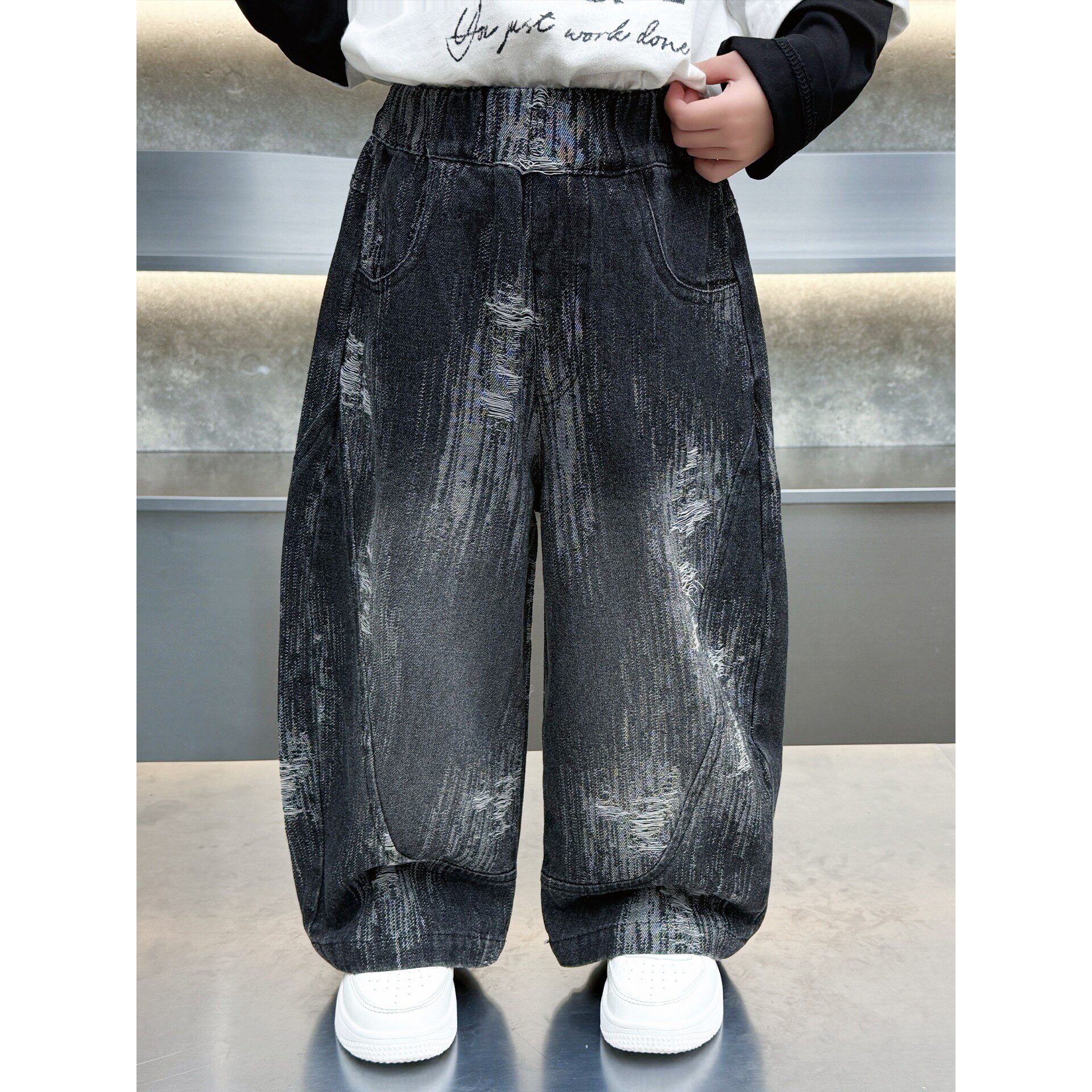 男童春季裤子2026新款中大童韩版破洞牛仔裤儿童春秋装直筒阔腿裤