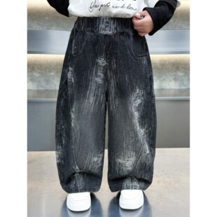 男童春季裤子2026新款中大童韩版破洞牛仔裤儿童春秋装直筒阔腿裤